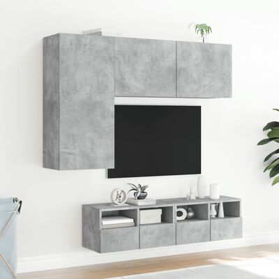vidaXL Mobili TV a Muro con LED 4pz Grigio Cemento Legno Multistrato