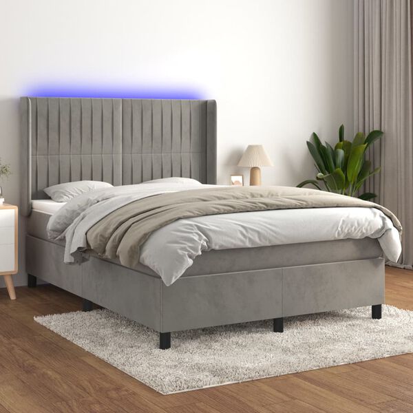 vidaXL Letto a Molle Materasso e LED Grigio Chiaro 140x200 cm Velluto