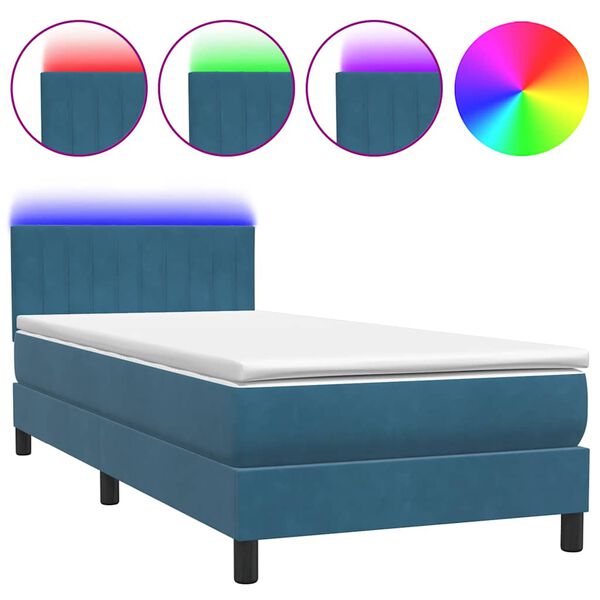 vidaXL Letto a Molle con Materasso e LED Blu Scuro 100x210 cm in Velluto