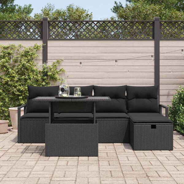 vidaXL Set Divano da Giardino con cuscino 6 pcs Nero Poly Rattan