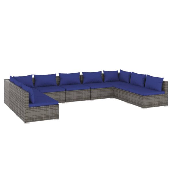 vidaXL Set Divani da Giardino 9 pz con Cuscini in Polyrattan Grigio