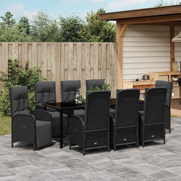 vidaXL Set da Pranzo per Giardino con cuscino 9 pcs Nero polyrattan