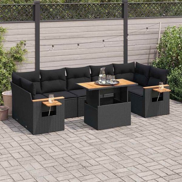 vidaXL Set Divani da Giardino con Cuscini 8 pz Nero Polyrattan Acacia