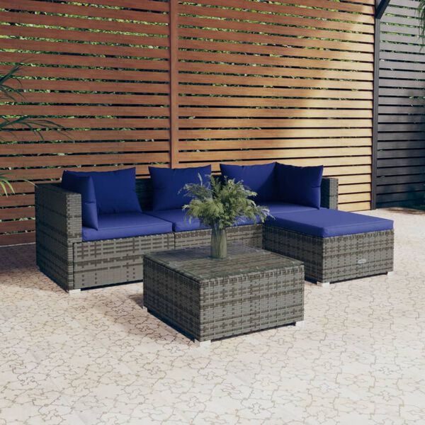 vidaXL Set Divani da Giardino 5 pz con Cuscini in Polyrattan Grigio