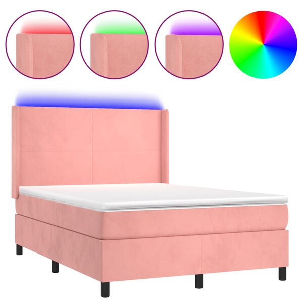 vidaXL Letto a Molle con Materasso e LED Rosa 140x190 cm in Velluto