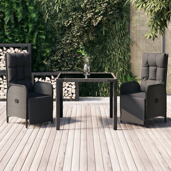 vidaXL Set da Pranzo da Giardino 3 pz con Cuscini Nero in Polyrattan