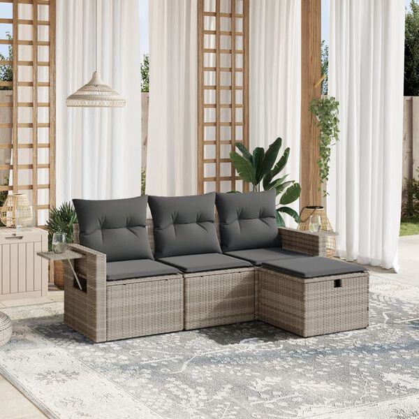 vidaXL Set Divano da Giardino 4pz con Cuscini Grigio Chiaro Polyrattan