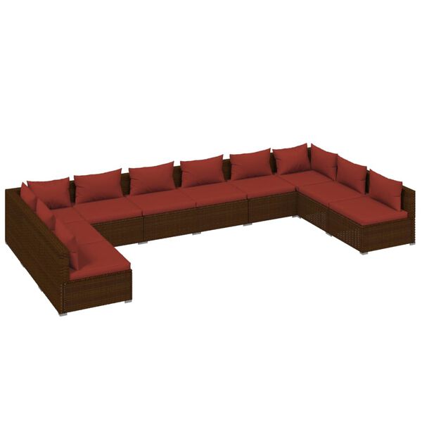 vidaXL Set Divani da Giardino 10 pz con Cuscini in Polyrattan Marrone