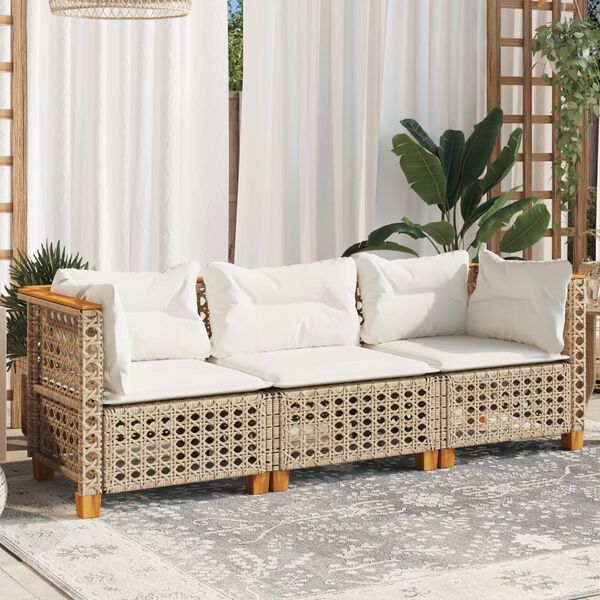 vidaXL Divano da Giardino con Cuscini a 3 Posti Beige in Polyrattan