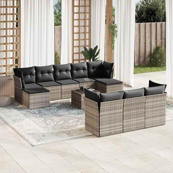 vidaXL Set Divani da Giardino 11 pz con Cuscini in Polyrattan Grigio