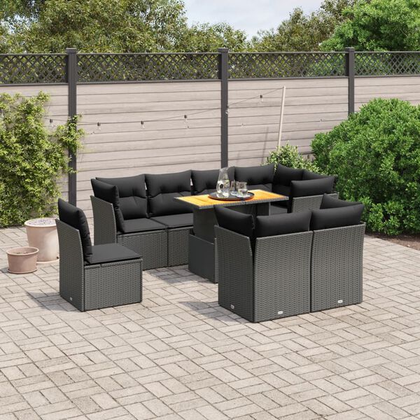 vidaXL Set Divani da Giardino 9 pz con Cuscini Nero in Polyrattan