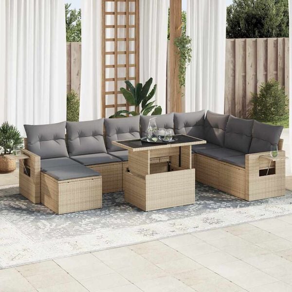 vidaXL Set Divano da Giardino 9 pz con Cuscini Beige in Polyrattan