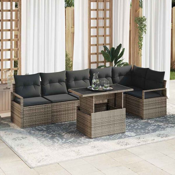 vidaXL Set Divano da Giardino con cuscino 7 pcs Grigio Poly Rattan