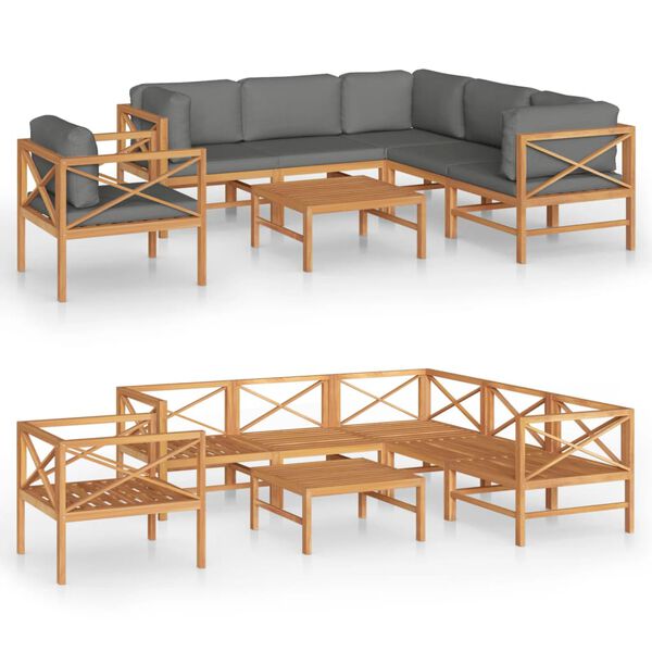 vidaXL Set Divani Giardino 7pz Cuscini Grigi in Legno Massello di Teak