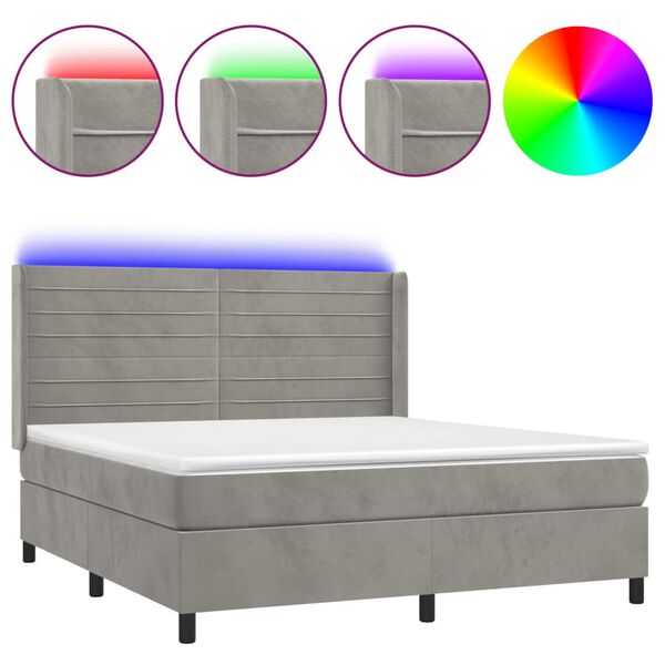 vidaXL Letto a Molle Materasso e LED Grigio Chiaro 180x200 cm Velluto