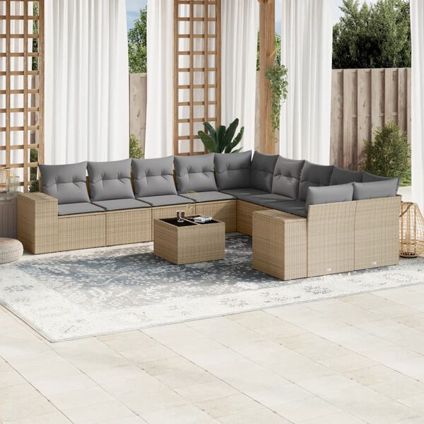 vidaXL Set Divani da Giardino 11 pz con Cuscini Beige in Polyrattan