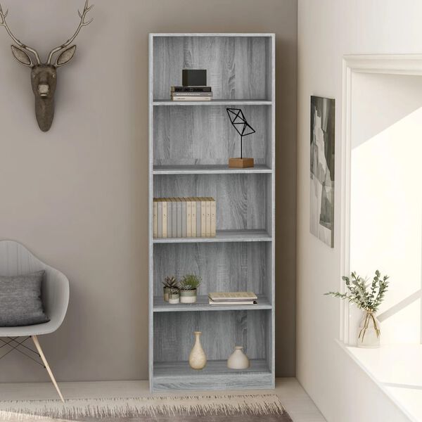 vidaXL Libreria 5 Ripiani Grigio Sonoma 60x24x175 cm Legno Multistrato