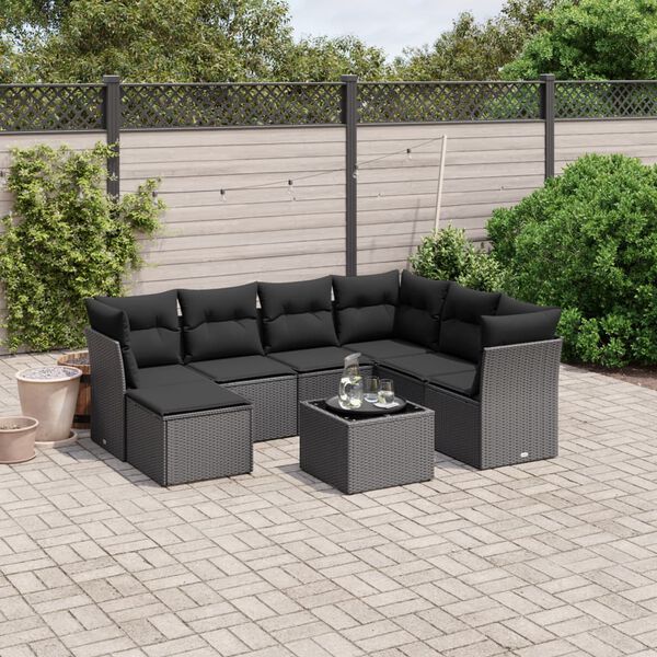 vidaXL Set Divani da Giardino con Cuscini 8 pz Nero in Polyrattan