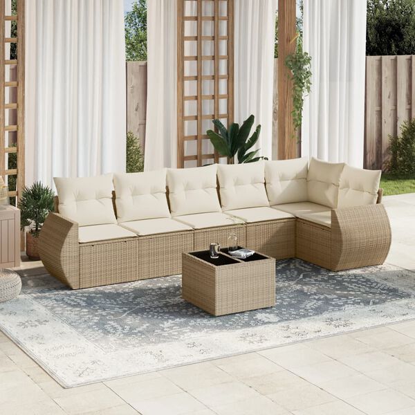 vidaXL Set Divani da Giardino 7 pz con Cuscini Beige in Polyrattan