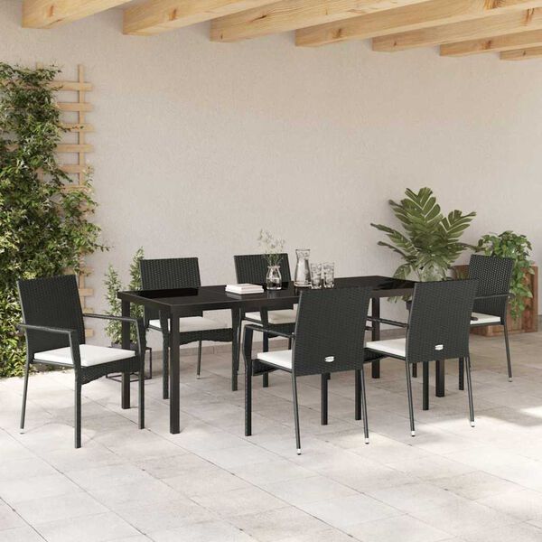 vidaXL Set da Pranzo per Giardino con cuscino 7 pcs Nero polyrattan