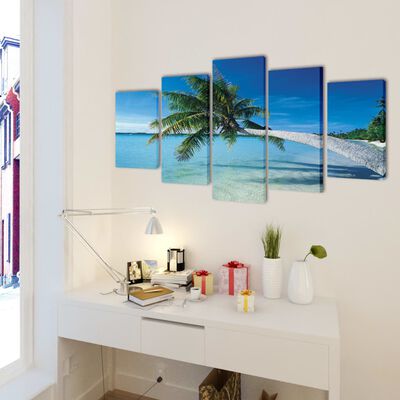 5 pz Set Stampa su Tela da Muro Spiaggia con Palma 200 x 100 cm