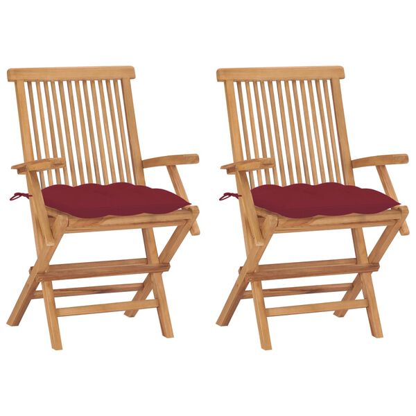 vidaXL Sedie Giardino 2 pz con Cuscini Rosso Vino Legno Massello Teak