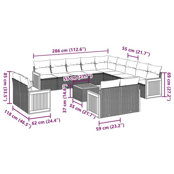 vidaXL Set Divani da Giardino 14pz con Cuscini in Polyrattan Nero