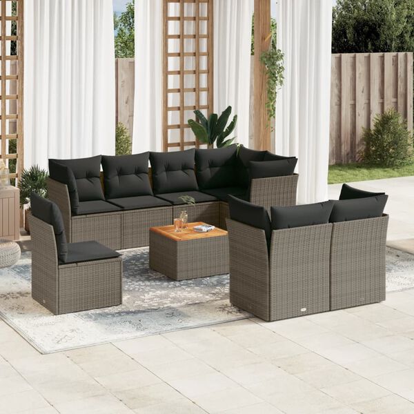 vidaXL Set Divano da Giardino 9 pz con Cuscini Grigio in Polyrattan