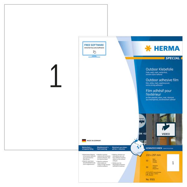 HERMA Etichette Impermeabili per Esterno A4 210x297mm 50 Fogli Bianchi