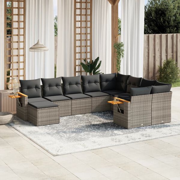 vidaXL Set Divano da Giardino 10 pz con Cuscini Grigio in Polyrattan