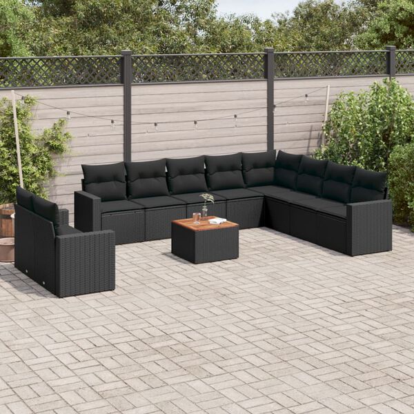 vidaXL Set Divani da Giardino 11 pz con Cuscini in Polyrattan Nero