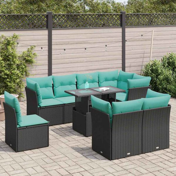 vidaXL Set Divani da Giardino 9 pz con Cuscini Nero Polyrattan Acacia