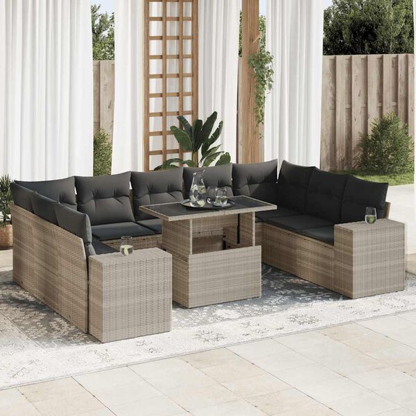 vidaXL Set Divano Giardino 10 pz con Cuscini Grigio Chiaro Polyrattan