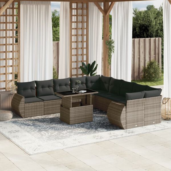 vidaXL Set Divani da Giardino 11 pz con Cuscini in Polyrattan Grigio