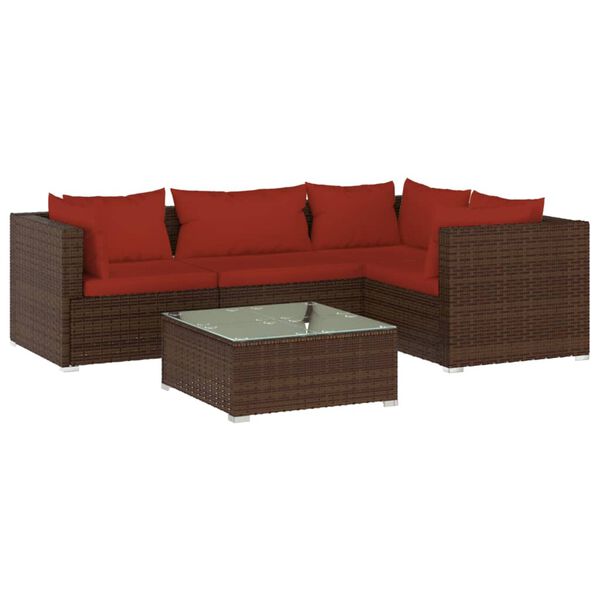 vidaXL Set Divani da Giardino 5 pz con Cuscini in Polyrattan Marrone