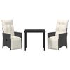 vidaXL Set da Pranzo per Giardino con cuscino 3 pcs Nero Poly Rattan