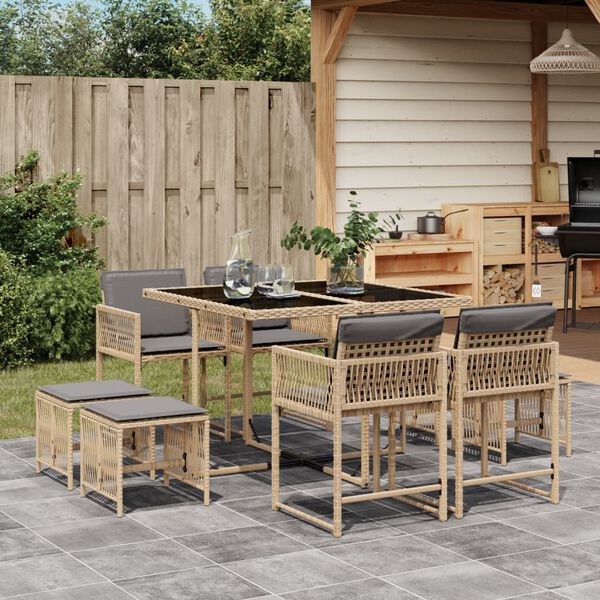 vidaXL Set Pranzo da Giardino 9 pz con Cuscini Beige Misto Polyrattan