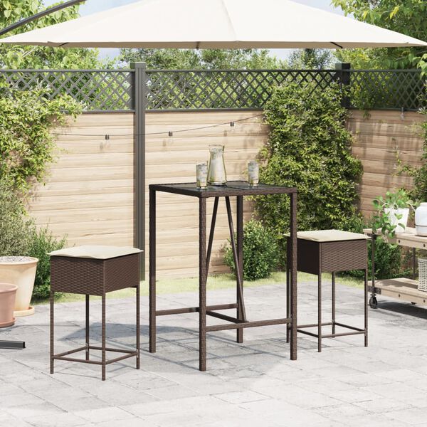 vidaXL Set Bar da Giardino 3 pz con Cuscini in Polyrattan Marrone