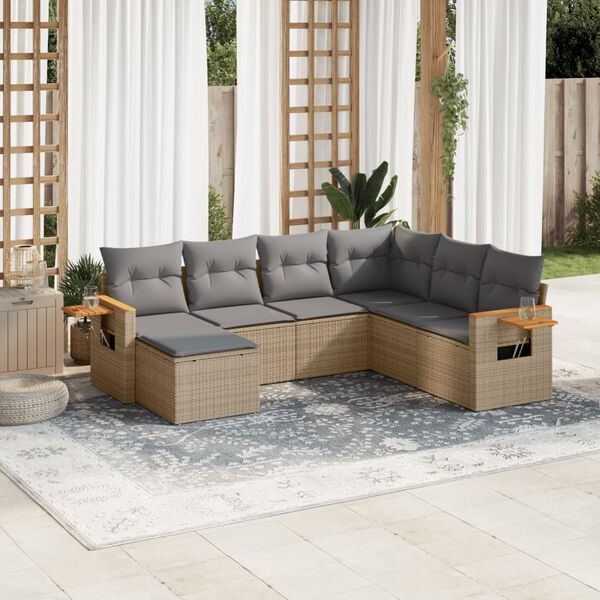 vidaXL Set Divani da Giardino 7 pz con Cuscini Beige in Polyrattan