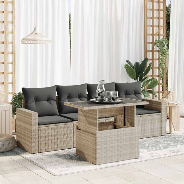 vidaXL Set Divano da Giardino 5pz con Cuscini Grigio Chiaro Polyrattan
