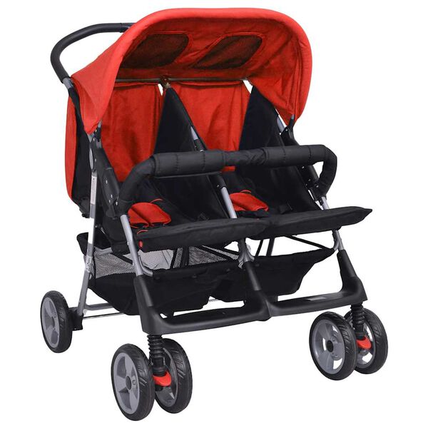 vidaXL Passeggino Gemellare in Acciaio Rosso e Nero