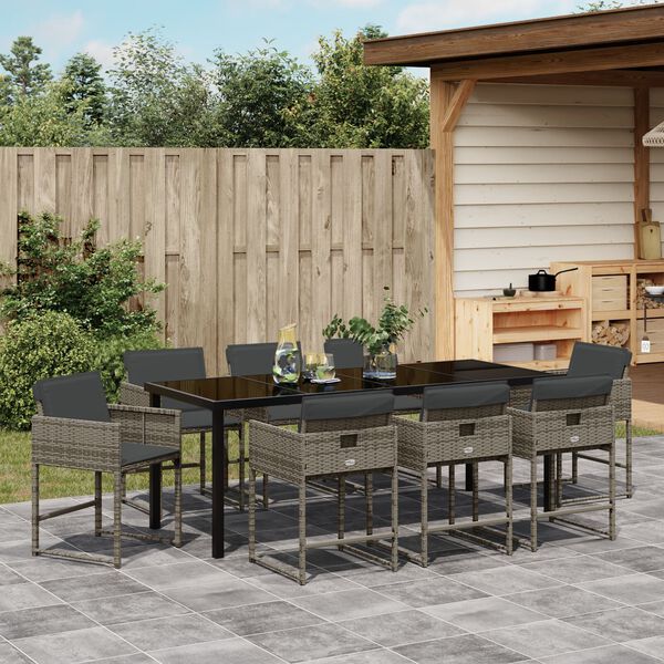 vidaXL Set da Pranzo per Giardino con cuscino 9 pcs Grigio polyrattan