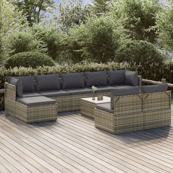 vidaXL Set Divani da Giardino 10 pz con Cuscini in Polyrattan Grigio