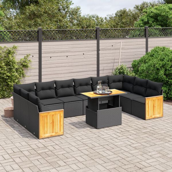 vidaXL Set Divani da Giardino 11 pz con Cuscini in Polyrattan Nero