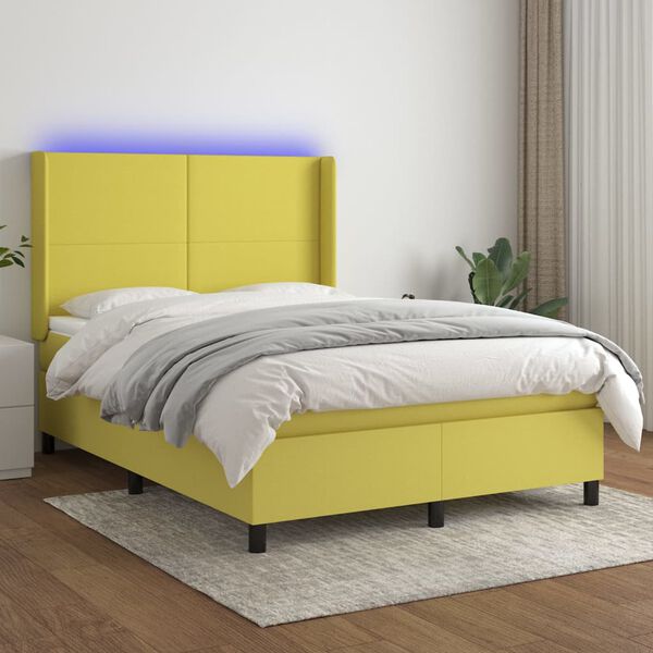 vidaXL Letto a Molle con Materasso e LED Verde 140x190 cm in Tessuto