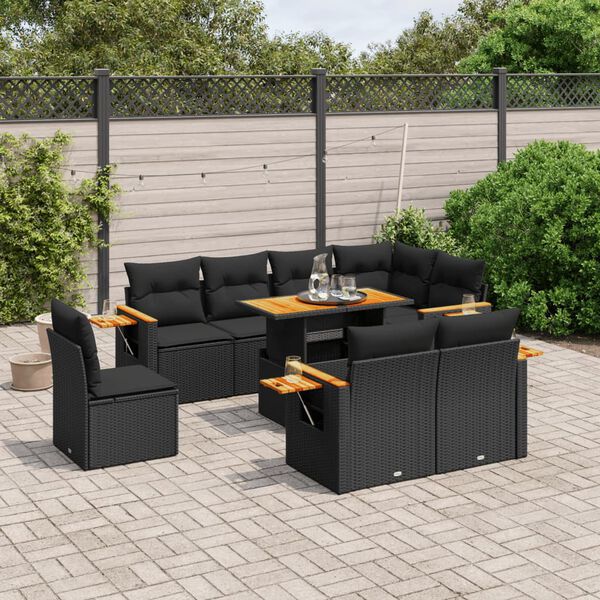 vidaXL Set Divani da Giardino 9 pz con Cuscini Nero in Polyrattan