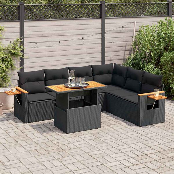 vidaXL Set Divani da Giardino con Cuscini 7pz Nero Polyrattan Acacia