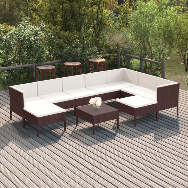 vidaXL Set Divani da Giardino 10 pz con Cuscini in Polyrattan Marrone