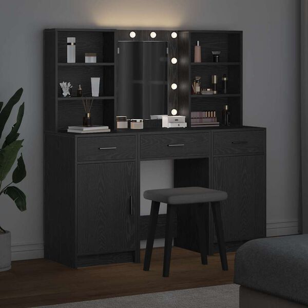 vidaXL Set da tavolo da trucco con LED con cassetto 3 pcs Rovere Nero