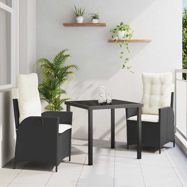 vidaXL Set da Pranzo per Giardino con cuscino 3 pcs Nero polyrattan